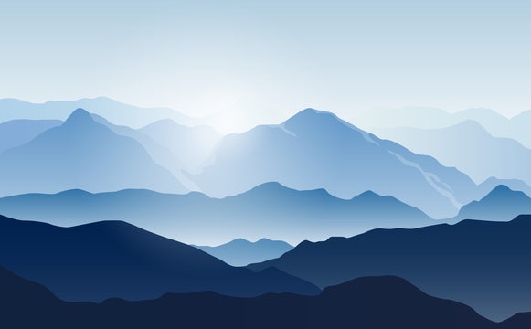 Vector landscape with silhouettes of blue mountains with mist and cold sunlight