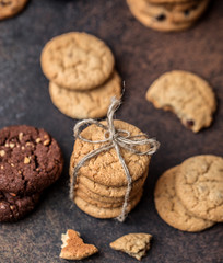 Chocolate chip cookies on wooden table. Homemade cookies dessert. 