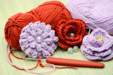 Fototapeta na wymiar crocheting butterfly with crochet hook and wool.