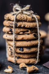 Chocolate chip cookies on wooden table. Homemade cookies dessert. 