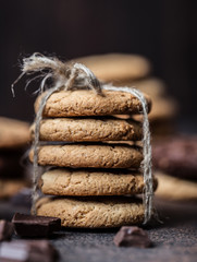 Chocolate chip cookies on wooden table. Homemade cookies dessert. 