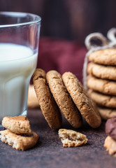 Chocolate chip cookies on wooden table. Homemade cookies dessert. 