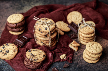 Chocolate chip cookies on wooden table. Homemade cookies dessert. 