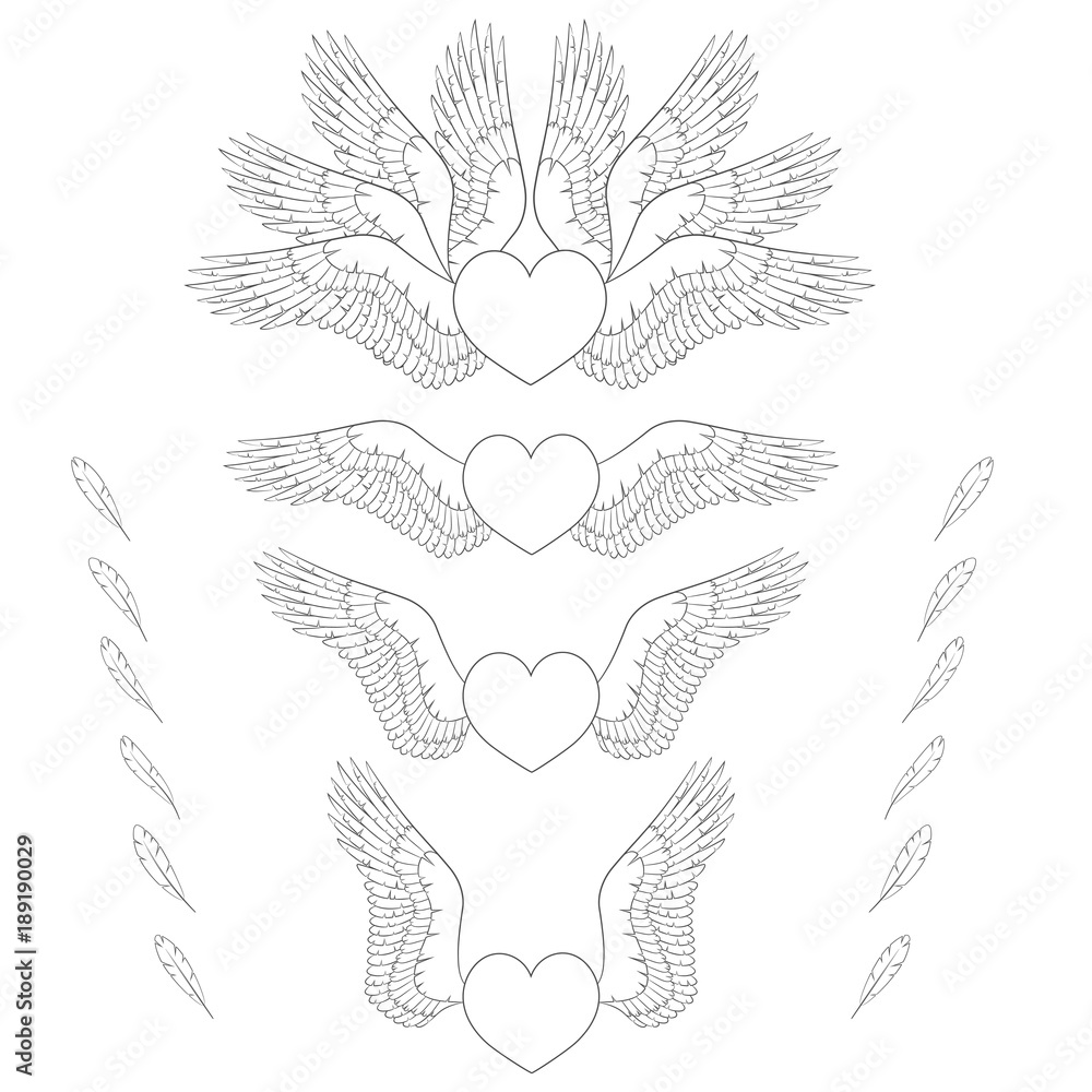 Aufkleber set of black and white illustrations of hearts with wings. isolated vector objects on white backgrou