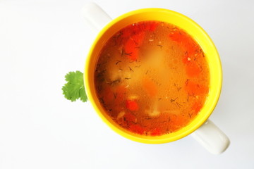 Chicken soup. Soup based on chicken broth. Chicken soup with vegetables. 