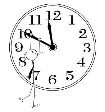Cartoon stick man drawing conceptual illustration of businessman hanging on clock hand. Business metaphor of deadline and stress.