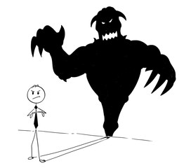 Cartoon stick man drawing conceptual illustration of businessman and his monster or demon inside shadow on the wall. Business concept of success and self confidence. © Zdenek Sasek