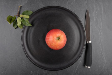 Apfel auf Teller und Schiefer