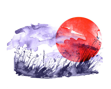 Watercolor logo, red sun and blue, purple grass, sky with clouds. Ecological poster. Elements on white isolated background.