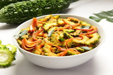 Homemade vegan curry dish with bittergourd,melon.
