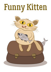 Funny Cartoon Cat Keeps the Fish in its Paws and Sits on a Bag Full of Fish, Isolated on White Background. Vector