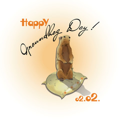 Happy Groundhog Day! Cute marmot on a pillow. Design for a postcard with a banner, poster, printing on fabric or paper.
