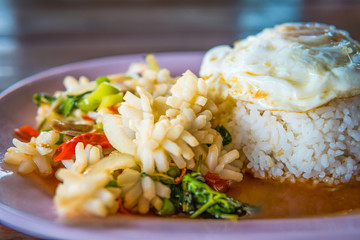 Rice with fried Basil Squid