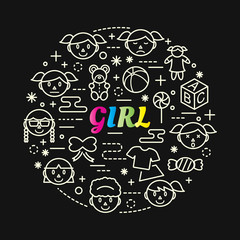 girl colorful gradient with line icons set