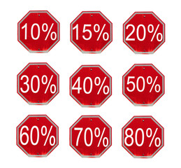 Discount numbers set. 10 off and 50 off percent  discount store signs