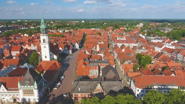 Aerial view of Celle skyline and homes at sunset, Germany