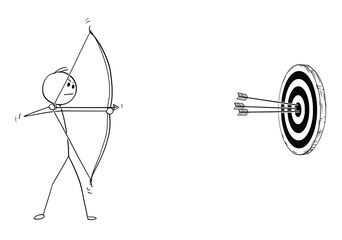 Cartoon stick man drawing illustration of sport archer in shooting pose with bow and arrow shooting successfully at target.