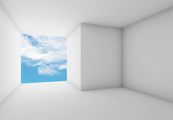 Fototapeta na wymiar 3d empty room with cloudy sky in blank window