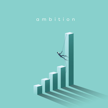 Ambition vector concept with businessman climbing on graph columns. Success, achievment, motivation business symbol.