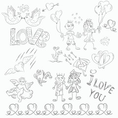 sketch illustration of holiday symbols design elements Valentines day