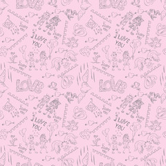 seamless sketch pattern festive symbols design elements Valentines day pink background