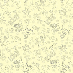 seamless sketch pattern festive symbols design elements Valentines day yellow background