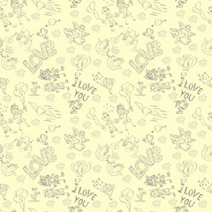 seamless sketch pattern festive symbols design elements Valentines day yellow background