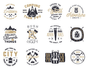Vintage hand drawn travel badge and emblem set. Hiking labels. Outdoor adventure inspirational logos. Typography retro style. Motivational quotes for prints, t shirts, mug, tee. Stock vector design