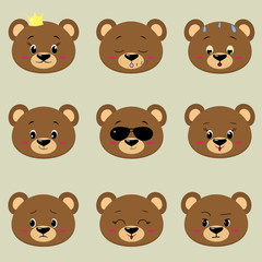 Set of cute bear face different emotions in cartoon style.