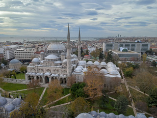 Fototapeta na wymiar Sehzade Mosque bir Sinan in Istanbul and Modern Istanbul Municipality Building Aerial View
