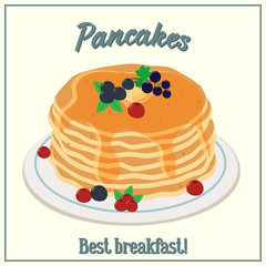 Vector illustration of a stack of pancakes. Baking with honey, butter and berries on a plate. Breakfast concept.