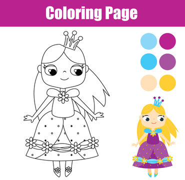 Coloring page with cute prnicess. Educational game