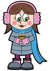 Cartoon winter little girl/ Illustration a girl in a flat cartoon style with a cup of coffee, cocoa, or hot chocolate. She wearing fur headphones 
