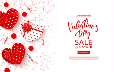 Valentines day sale banner. Beautiful Background with gift boxes in heart shape, roses and serpentine. Vector illustration for website , posters, ads, coupons, promotional material