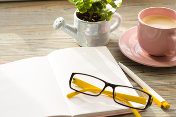 Stylish Business Office or Home Workplace Concept with cappuccino in a pink cup,an opened notepad, computer glasses and a plant in a pot on a light wooden table, close up