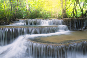 Huay Mae Kamin waterfall during rainy season in Kanchanaburi, Thailand.