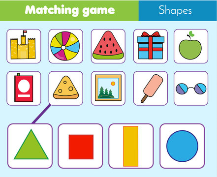 Educational children game. Matching game worksheet for kids. Match by shape