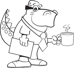 Black and white illustration of a dinosaur holding a coffee cup.