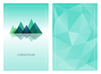 Triangular mountain ridges with vertical polygonal background. Set of geometric style cards template. Front and back page. Can be used for posters, flyers, brochures design, covers and digital banners