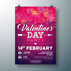 Vector Valentines Day Party Flyer Design with Typography and Heart on Red Background. Celebration Poster Template for Invitation or Greeting Card.