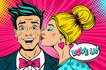 Wow couple. Happy young surprised man with open mouth and sexy woman in profile kissing him and Love you speech bubble. Vector background in retro pop art comic style. Valentines day party poster. © irina_levitskaya
