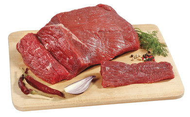 fresh raw red beef meat big steak chunk on wooden cut board isolated over white background
