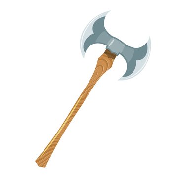 Color image of a viking ax on a white background. Vector illustration of a two-handed Viking ax in Cartoon style