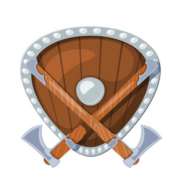 Colored illustration of two battle Scandinavian axes against the background of a shield. Vector image of Viking axes and shield in cartoon style