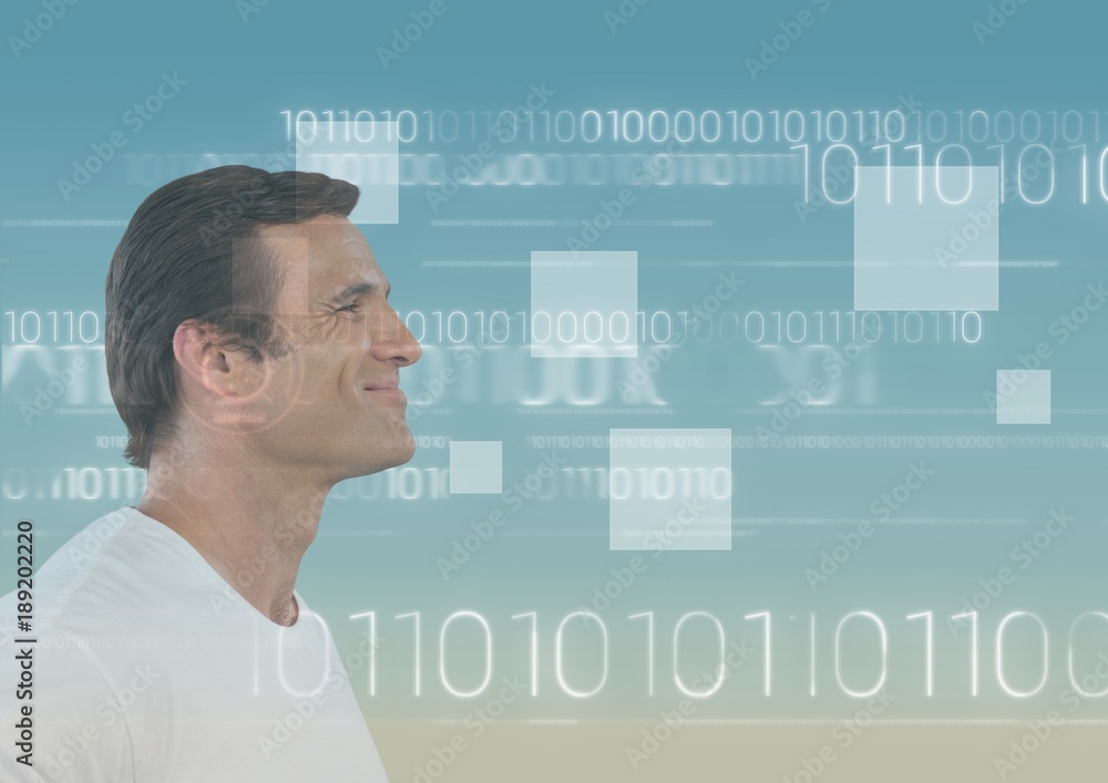 Poster man with gradient background and digital overlay