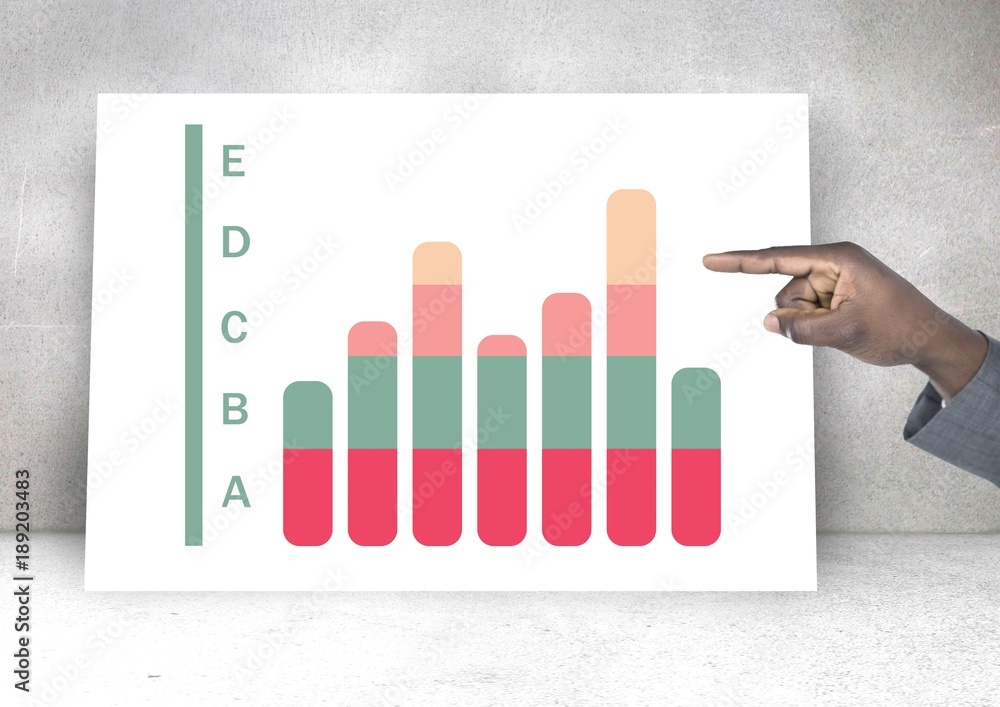 Poster hand pointing at whiteboard with colorful chart statistics