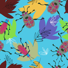 Pattern with beetles and leaves on blue paper.