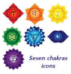 Seven chakras icons, colorful spiritual tattoos. Kundalini yoga symbols