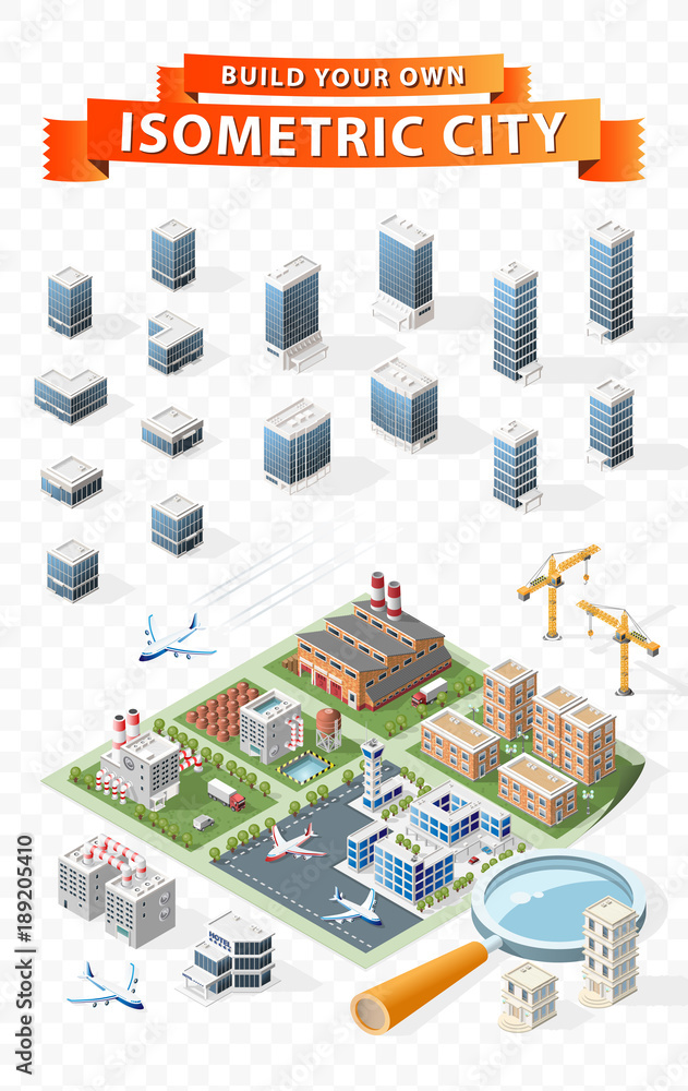Poster build your own isometric city . isolated vector elements on transparent background