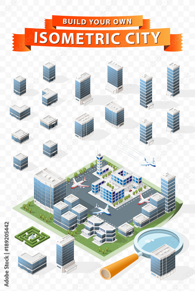 Poster build your own isometric city . isolated vector elements on transparent background